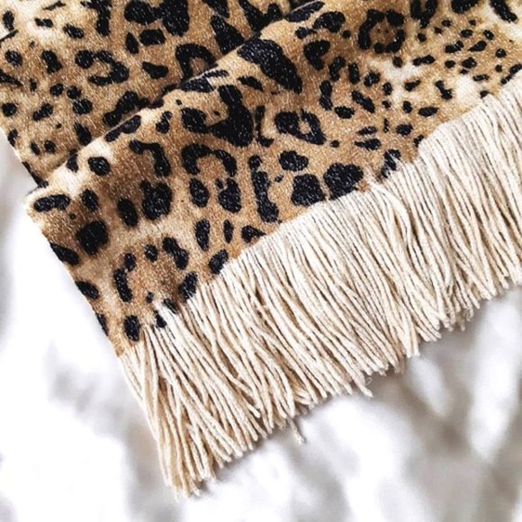 COLLECTION 18 Acrylic Long Scarf Animal Print Beige Black Brown Shimmery Fringe - Picture 7 of 11